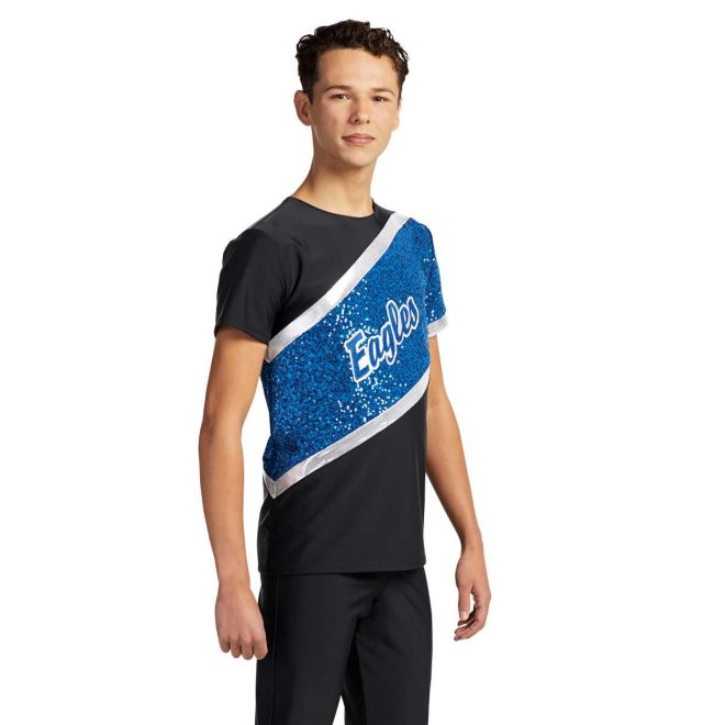 custom black and blue sparkly short sleeve color guard uniform front view on model