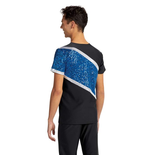 custom black and blue sparkly short sleeve color guard uniform back view on model
