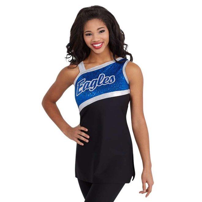 custom black and blue sparkly sleeveless color guard uniform front view on model