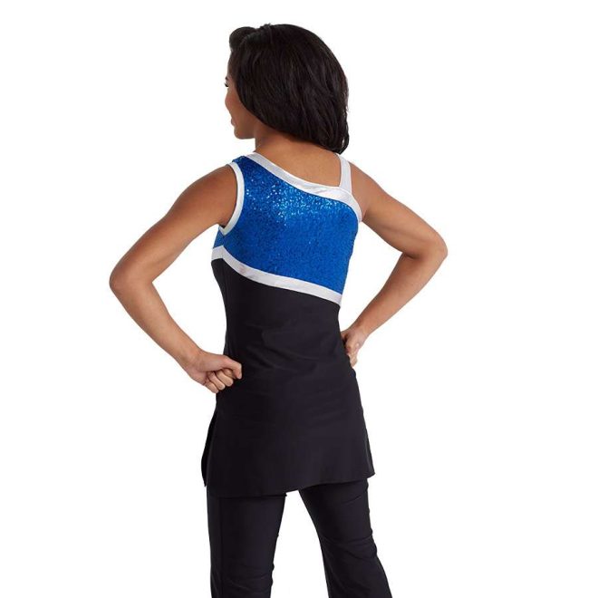 custom black and sparkly blue sleeveless color guard uniform back view on model