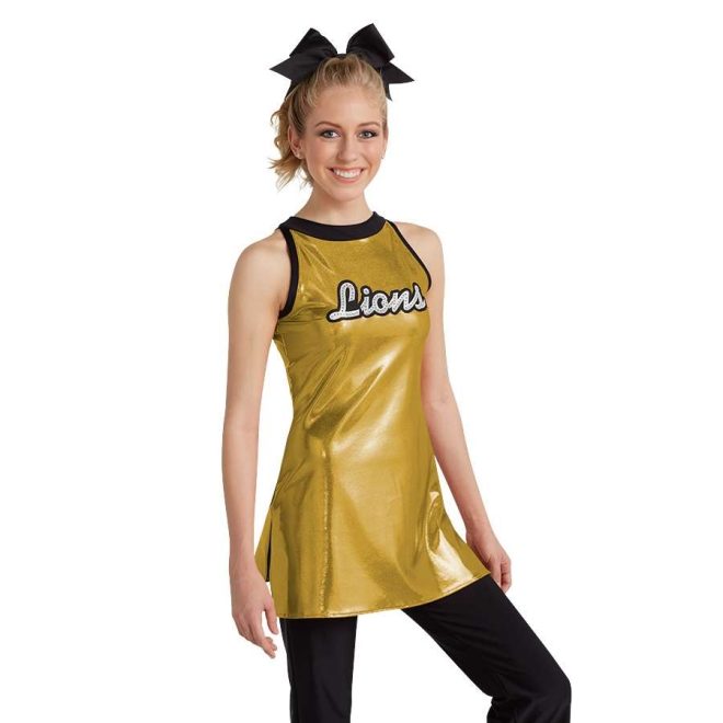 custom gold sleeveless color guard uniform front view on model