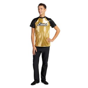custom gold with black sleeves color guard uniform front view on model with black pants