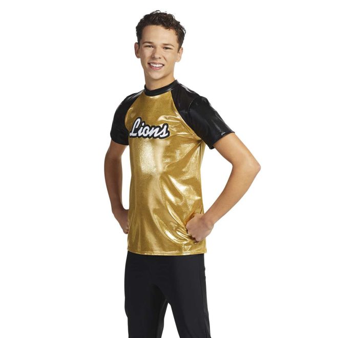 custom gold with black sleeves color guard uniform front view on model