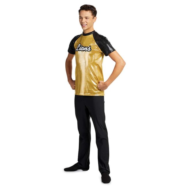 custom gold with black sleeves color guard uniform front view on model