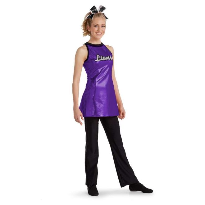 custom sleeveless purple color guard uniform front view on model with black pants