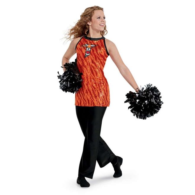 custom orange tiger print sleeveless color guard uniform front view on model holding black pom with black pants