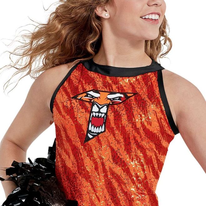 custom orange tiger print sleeveless color guard uniform front view on model holding black pom