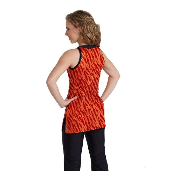 custom orange tiger print sleeveless color guard uniform back view on model