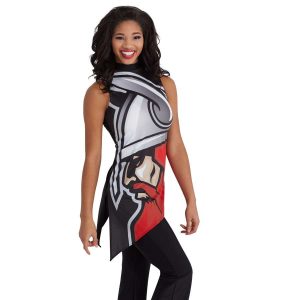 custom red, grey and black viking asymmetric sleeveless color guard uniform front view on model with black pants