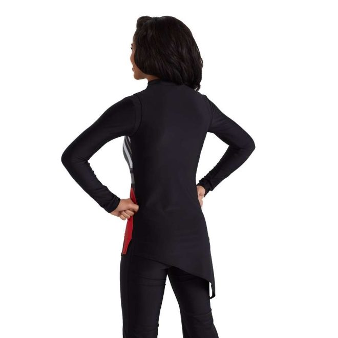 custom black, red, and grey asymmetric sleeveless color guard uniform back view on model with black long sleeve
