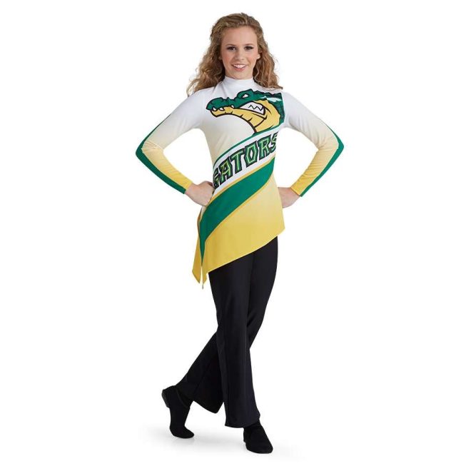 custom asymmetric white to yellow with green stripe and gator mascot long sleeve color guard uniform front view on model with black pants