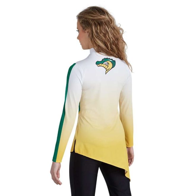 custom asymmetric color guard uniform white to yellow ombre with green stripe and gator back long sleeve view on model