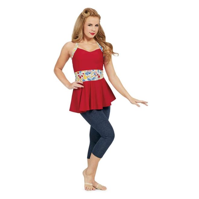 custom a-line red color guard uniform with blue, yellow, red and white belt and straps with navy heather capri leggings front view on model