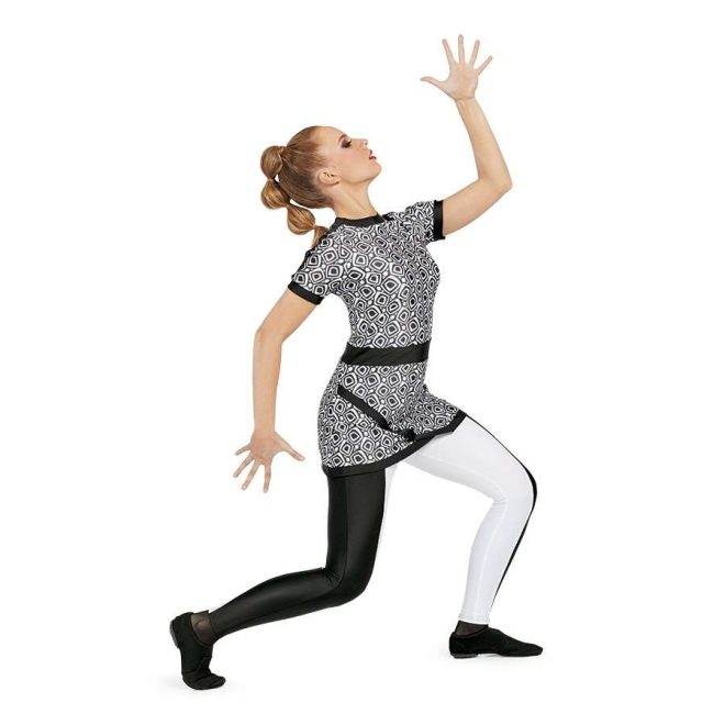 custom black and white print color guard tunic with black and white leggings front view on model