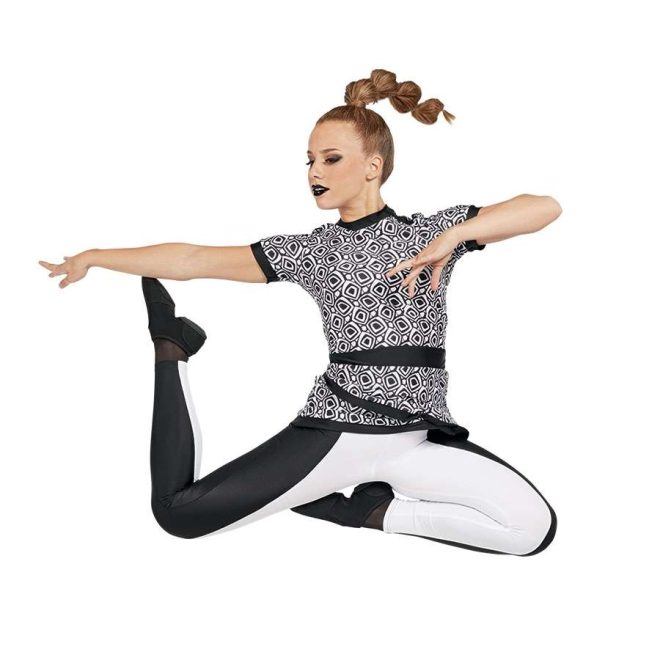 custom black and white print color guard tunic with black and white leggings front view on model