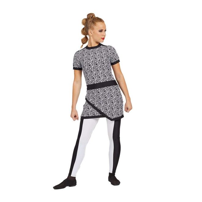 custom black and white print color guard tunic with black and white leggings front view on model