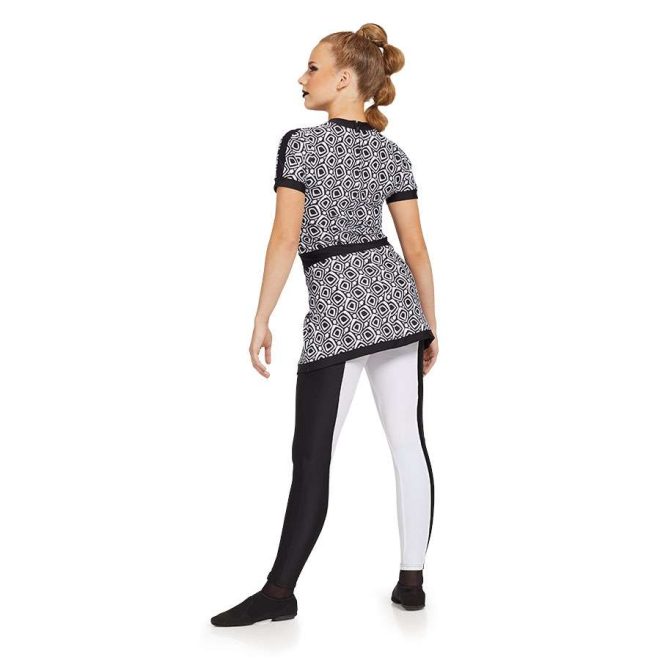 custom black and white print color guard tunic with black and white leggings back view on model