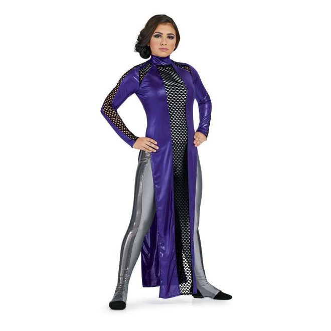 custom color guard uniform. Purple mystic Jewels with Black Cabaret Mesh long sleeve mock turtleneck, long tunic. Empire Waist Stirrup Legging Unitard with Side Stripes, Titanium Satin Spandex with Gunmetal Mystic Jewels, front view on model