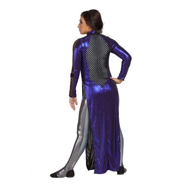 custom color guard uniform. Purple mystic Jewels with Black Cabaret Mesh long sleeve mock turtleneck, long tunic. Empire Waist Stirrup Legging Unitard with Side Stripes, Titanium Satin Spandex with Gunmetal Mystic Jewels, back view on model