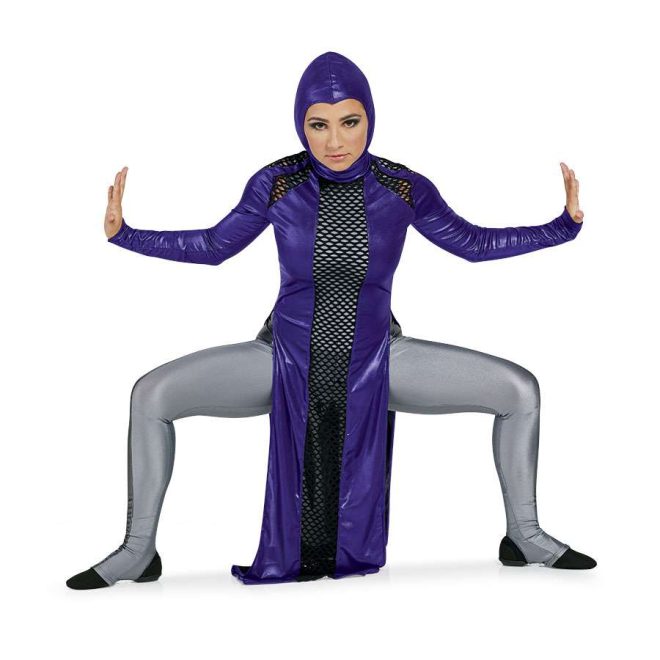 custom color guard uniform. Purple mystic Jewels with Black Cabaret Mesh long sleeve mock turtleneck, long tunic. Empire Waist Stirrup Legging Unitard with Side Stripes, Titanium Satin Spandex with Gunmetal Mystic Jewels, Pull-on Hood in Purple Foiled Slinky front view on model