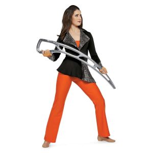 custom black and sparkle black long sleeve collared color guard uniform with orange pants front view on model holding silver airblade