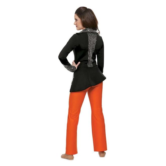 custom black and sparkle black long sleeve collared color guard uniform with orange pants back view on model