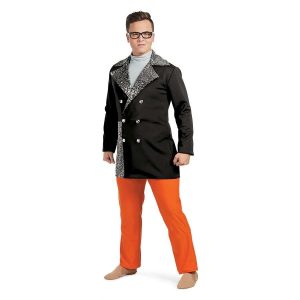 custom black and sparkle black long sleeve collared color guard uniform with orange pants front view on model with grey undershirt