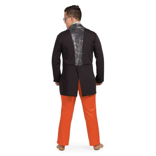custom black and sparkle black long sleeve collared color guard uniform with orange pants back view on model