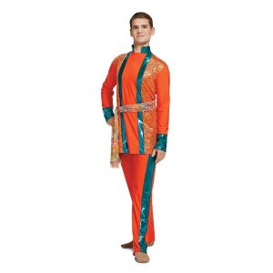 custom orange with turquoise and sparkly orange color guard uniform and printed paisley belt with matching orange with turquoise stripe pants front view on model