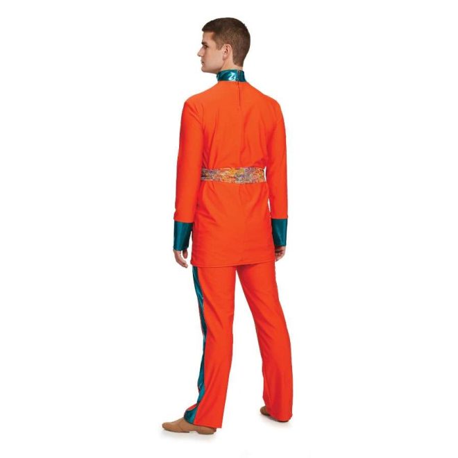 custom orange with turquoise cuffs color guard uniform and printed paisley belt with matching orange with turquoise stripe pants back view on model