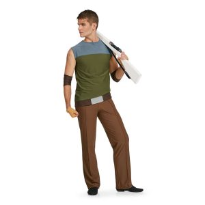 custom green sleeveless color guard tunic with brown pants and brown arm cuff front view on model holding rifle