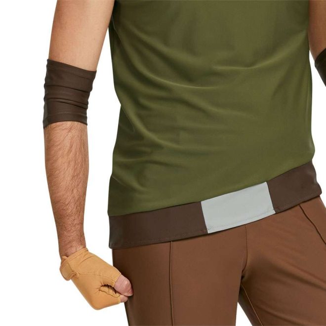 custom green sleeveless color guard tunic with brown pants and brown arm cuff front view on model