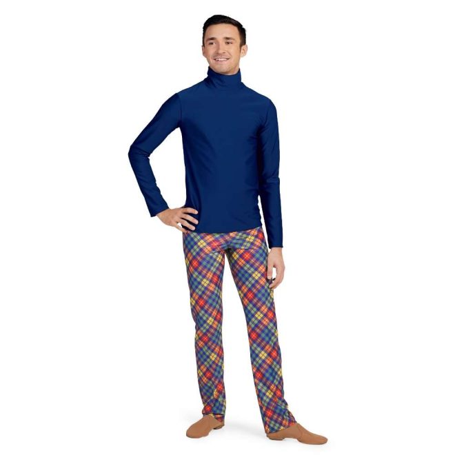 custom turtleneck long sleeve navy top with checkered navy, yellow, orange, and green pants color guard uniform front view on model