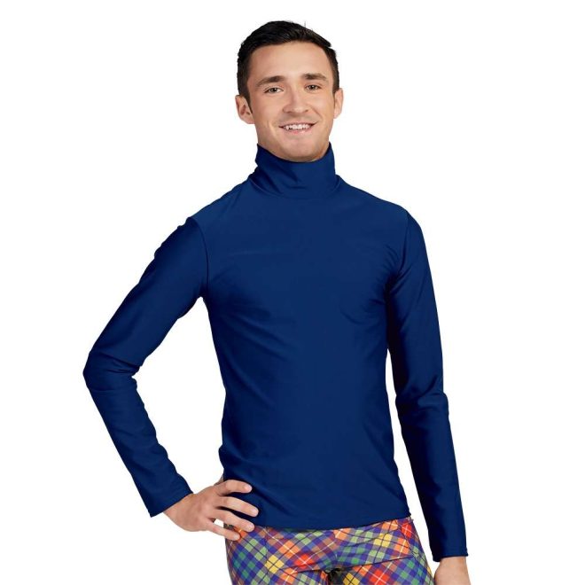 custom turtleneck long sleeve navy top with checkered navy, yellow, orange, and green pants color guard uniform front view on model