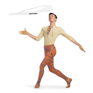 custom cream long sleeve tie up chest tunic with orange pants with silver straps over color guard uniform front view on model throwing rifle