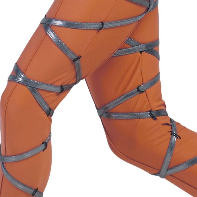 custom orange pants with silver straps over color guard front view on model
