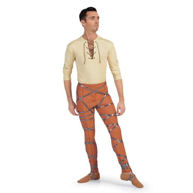 custom cream long sleeve tie up chest tunic with orange pants with silver straps over color guard uniform front view on model