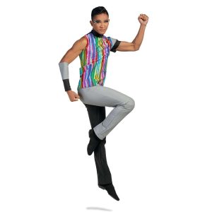 custom one short sleeve and one sleeveless black and grey color guard tunic with rainbow print on body with matching one leg black one grey pants and matching black and grey arm cuff front view on model