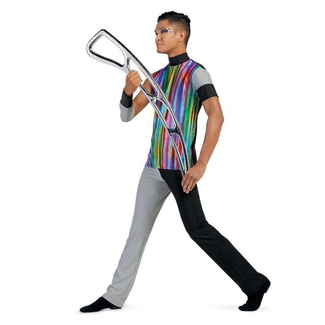 custom one short sleeve and one sleeveless black and grey color guard tunic with rainbow print on body with matching one leg black one grey pants and matching black and grey arm cuff front view on model holding silver airblade