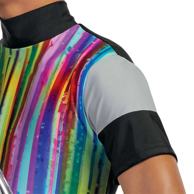 custom one short sleeve and one sleeveless black and grey color guard tunic with rainbow print on body front view on model