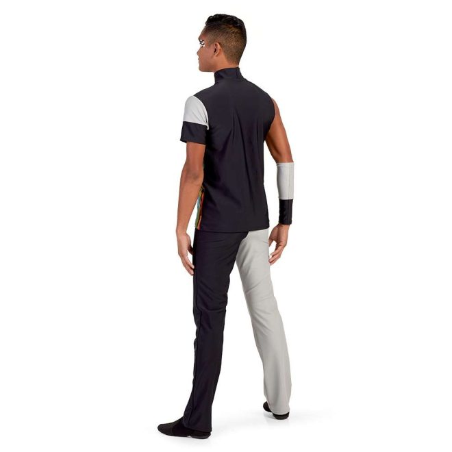 custom one short sleeve and one sleeveless black and grey color guard tunic with matching one leg black one grey pants and matching black and grey arm cuff back view on model