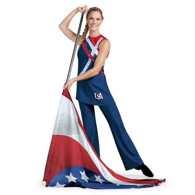 custom red, white and blue asymmetric color guard sleeveless uniform front view on model with blue pants holding flagpole