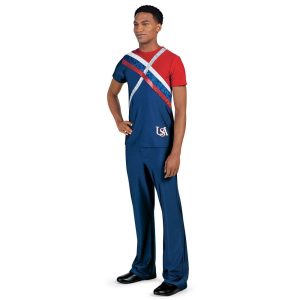 custom red, white and blue color guard short sleeve uniform front view on model with blue pants