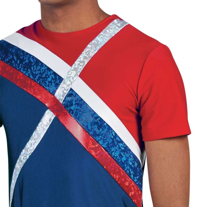 custom red, white and blue color guard short sleeve uniform front view on model
