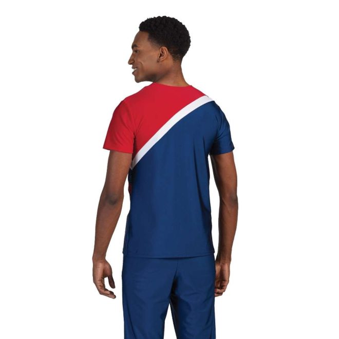 custom red, white and blue short sleeve color guard uniform back view on model