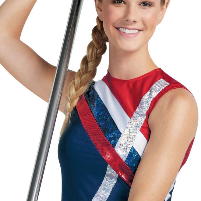 custom red, white and blue asymmetric color guard sleeveless uniform front view on model holding flagpole