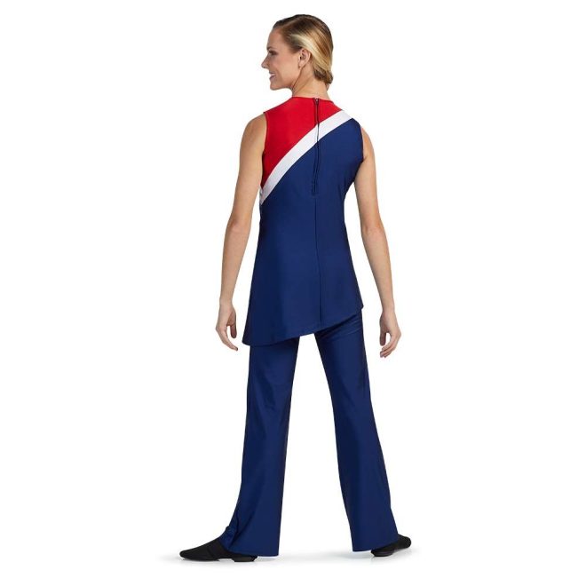custom red, white and blue asymmetric color guard sleeveless uniform back view on model