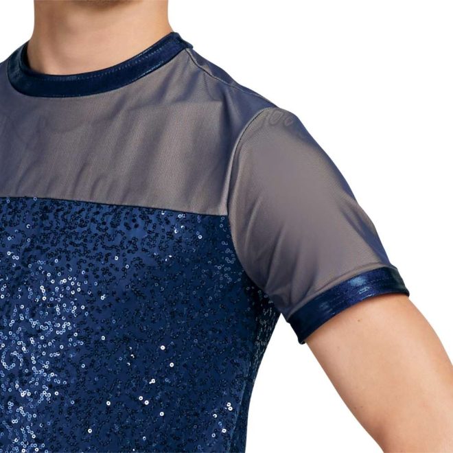 custom mesh navy short sleeves with navy sequin and plain body color guard uniform front view on model