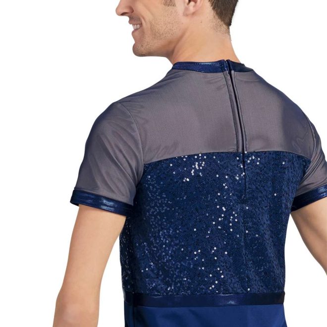 custom mesh navy short sleeves with navy sequin body color guard uniform back view on model
