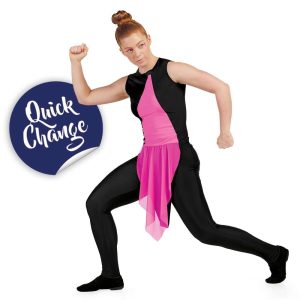 custom quickchange solid black to black and neon pink sleeveless color guard uniform front view on model with black leggings